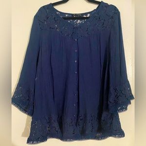 Navy Lace Buttoned Blouse